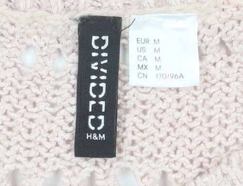 H&M Women Pink Open-Knit Cotton Jumper Size 12 Ruffle Hem Pullover