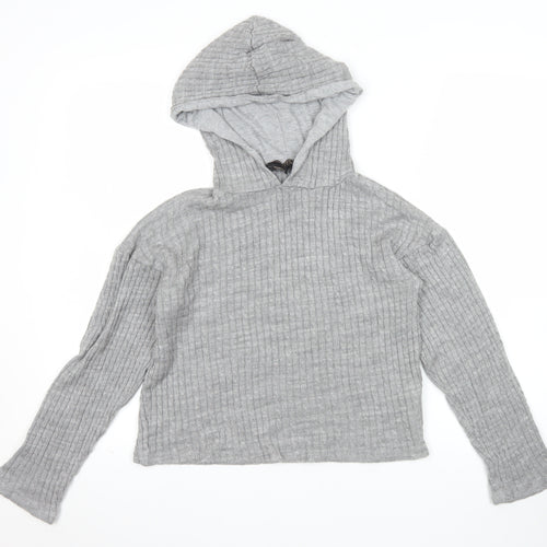 Lipsy Women’s Grey Ribbed Hooded Pullover Jumper Size S