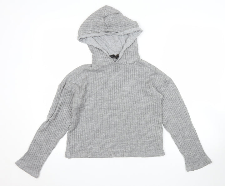 Lipsy Women’s Grey Ribbed Hooded Pullover Jumper Size S