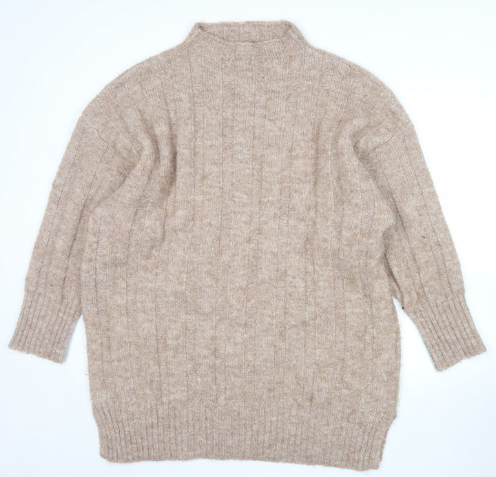 Topshop Women Beige Mock Neck Chunky Knit Pullover Jumper L