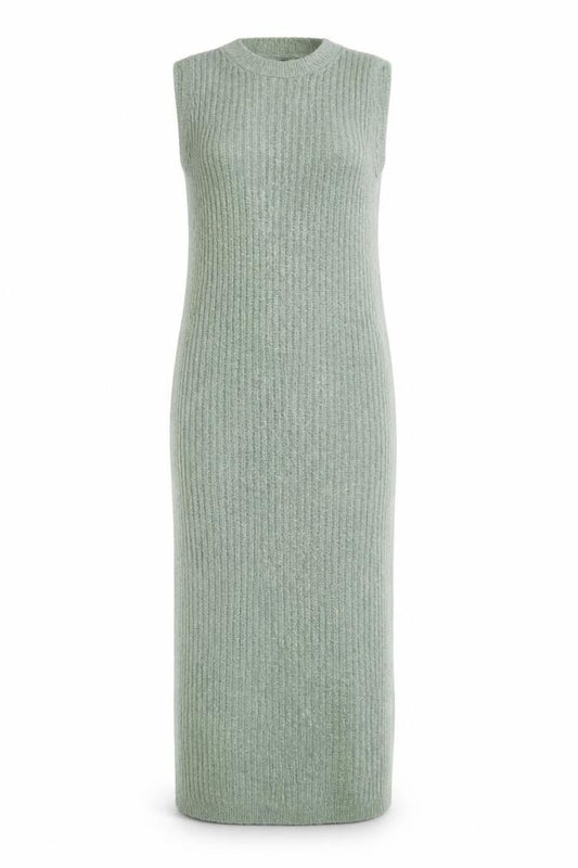 Front view of ASOS DESIGN Women’s Green Sleeveless Ribbed Knit Bodycon Midi Dress, size UK 12-14