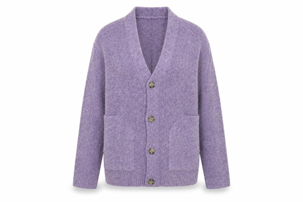 Front view of GU Women’s Purple Wool Blend V-Neck Button Cardigan, size S