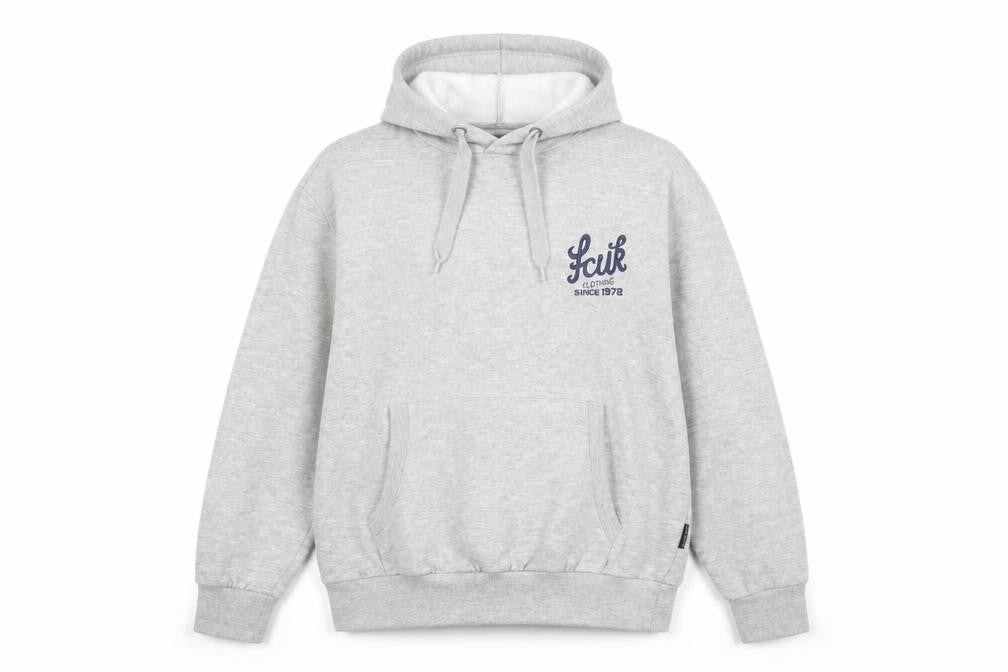 Front view of FCUK Women Grey Pullover Hoodie Cotton Polyester, size M, Casual