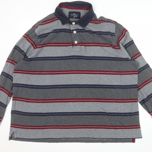Marks and Spencer Blue Harbour Men's Grey Striped Long Sleeve Polo Shirt XXL Regular Fit Cotton