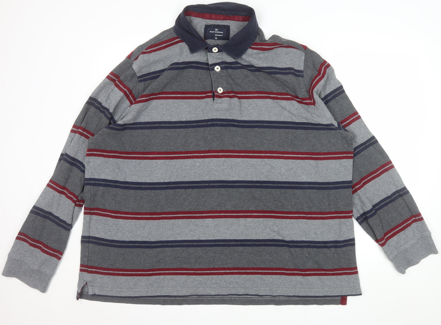 Marks and Spencer Blue Harbour Men's Grey Striped Long Sleeve Polo Shirt XXL Regular Fit Cotton