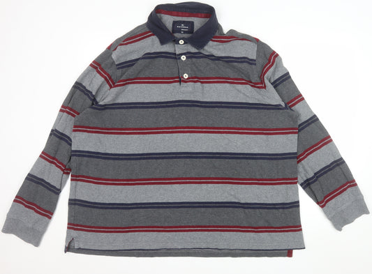 Marks and Spencer Blue Harbour Men's Grey Striped Long Sleeve Polo Shirt XXL Regular Fit Cotton