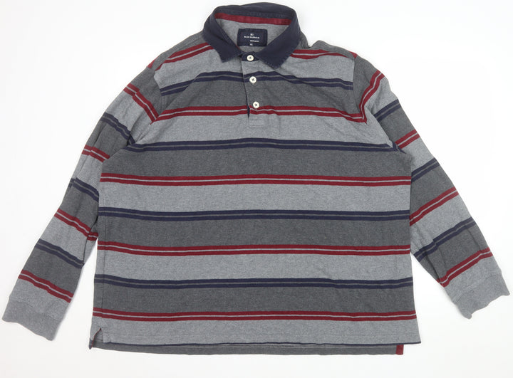Marks and Spencer Blue Harbour Men's Grey Striped Long Sleeve Polo Shirt XXL Regular Fit Cotton