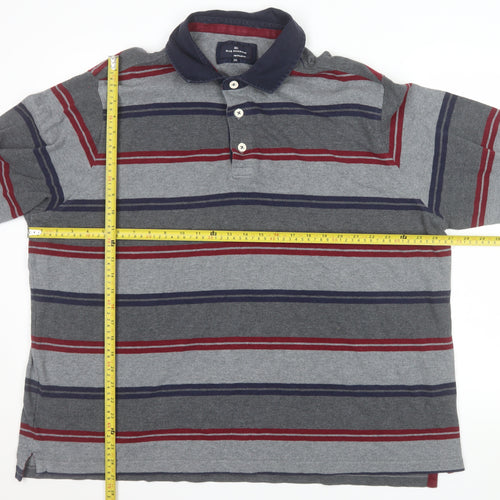 Marks and Spencer Blue Harbour Men's Grey Striped Long Sleeve Polo Shirt XXL Regular Fit Cotton