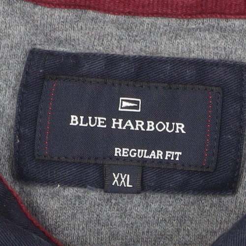 Marks and Spencer Blue Harbour Men's Grey Striped Long Sleeve Polo Shirt XXL Regular Fit Cotton