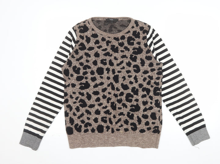 Next Womens Brown Leopard Print Striped Sleeve Jumper Size S