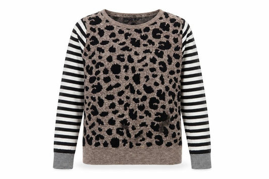 Front view of Next women’s brown leopard print striped sleeve jumper, size S