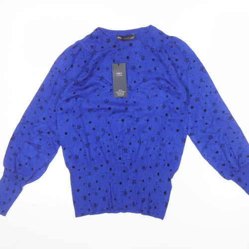 Marks and Spencer Women's Blue Star Print Pullover Jumper Size S