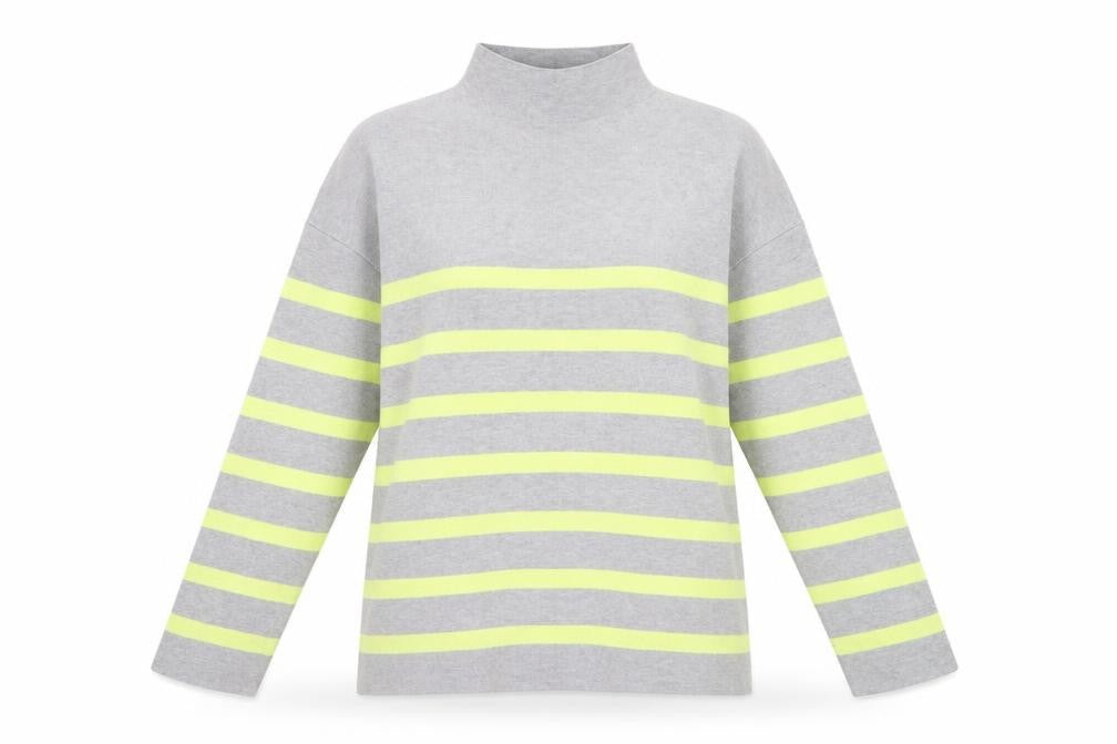 Front view of Tahari Women’s Grey Striped Mock Neck Long Sleeve jumper L