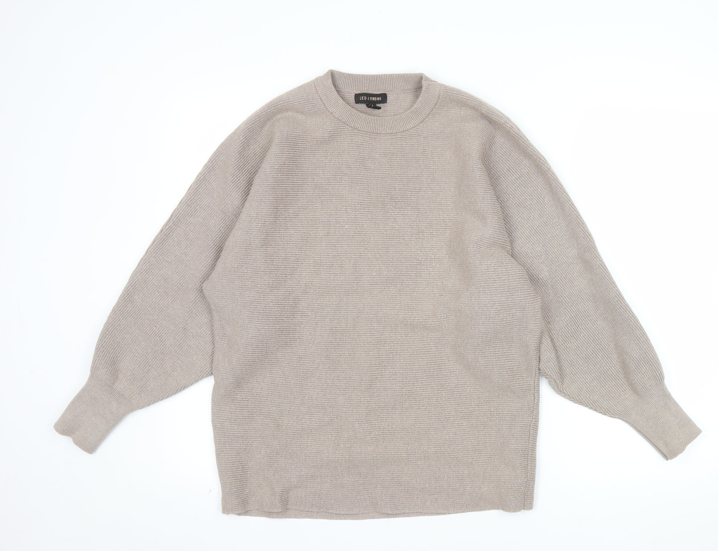 QED London Women's Beige Crew Neck Relaxed Fit Ribbed Knit Jumper S