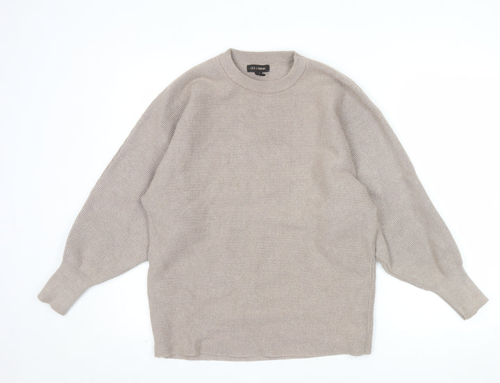 QED London Women's Beige Crew Neck Relaxed Fit Ribbed Knit Jumper S