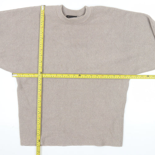 QED London Women's Beige Crew Neck Relaxed Fit Ribbed Knit Jumper S