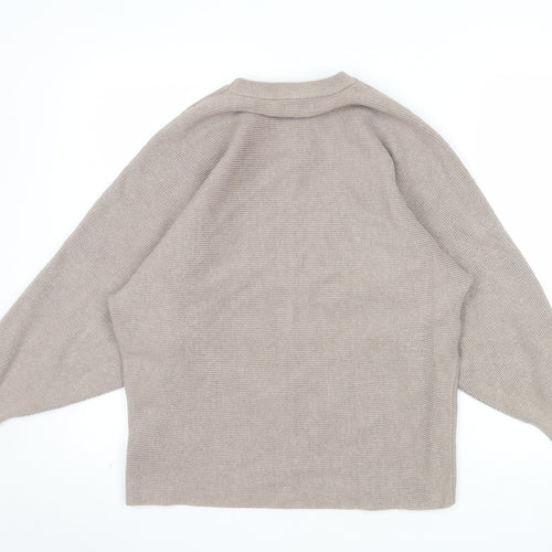 QED London Women's Beige Crew Neck Relaxed Fit Ribbed Knit Jumper S