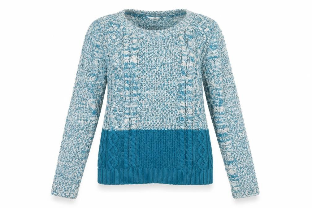 Front view of FatFace Women's Blue Cotton Wool Cable Knit Jumper, size 10