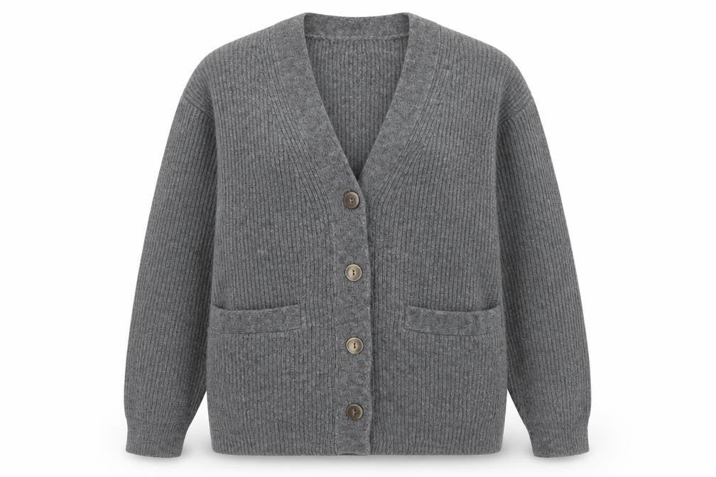 Front view of GU women’s grey chunky knit v-neck cardigan xs