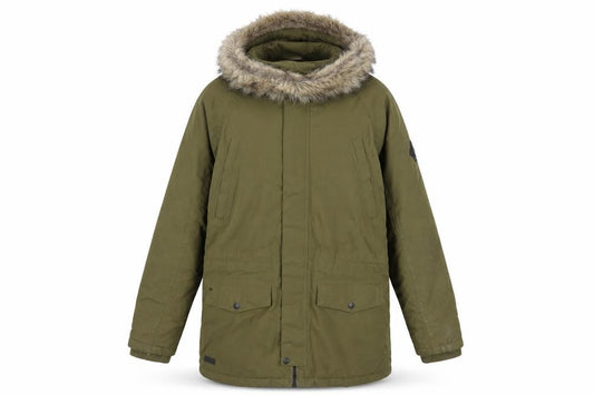 Front view of Regatta Women's Green Parka Jacket S Hooded Fur Trim Winter Coat