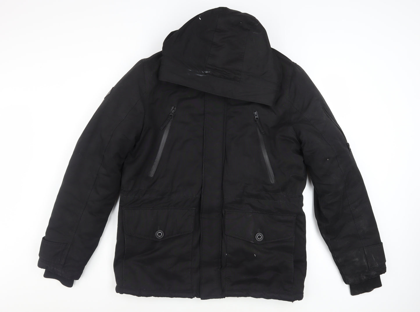 Next Men’s Black Hooded Parka Jacket Medium Water Resistant Cotton Blend