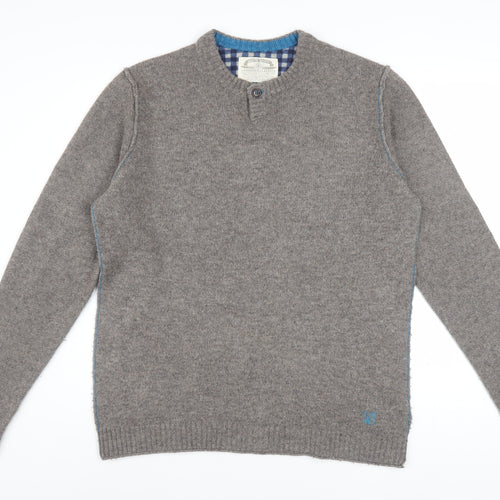 White Stuff Mens Grey Lambswool Henley Jumper Medium Classic Fit