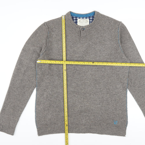 White Stuff Mens Grey Lambswool Henley Jumper Medium Classic Fit
