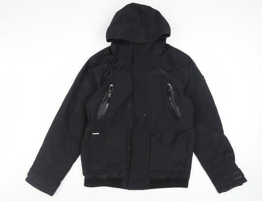 Firetrap Mens Black L Hooded Bomber Jacket Nylon Lined Winter