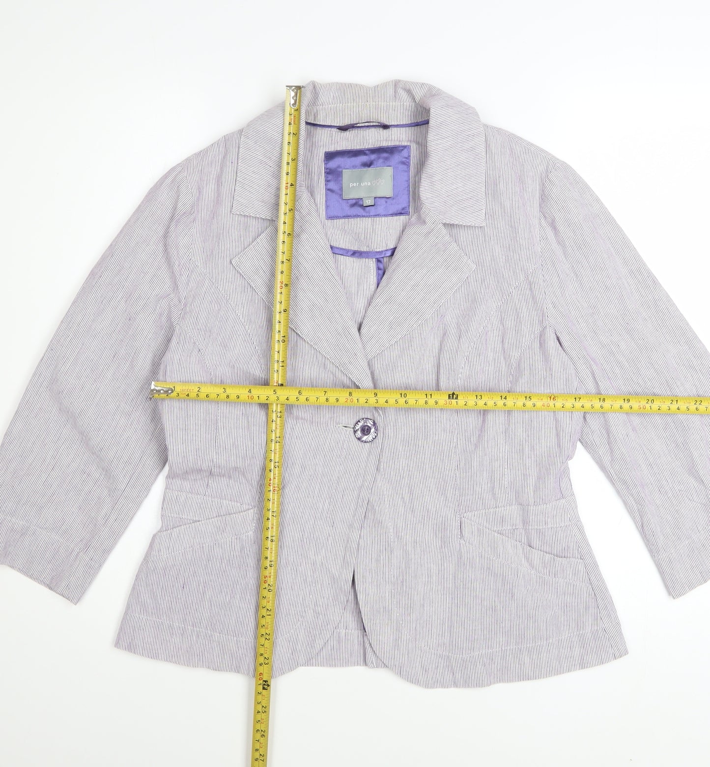 Marks and Spencer Per Una Women Purple Striped Blazer Size 12 Cotton Linen