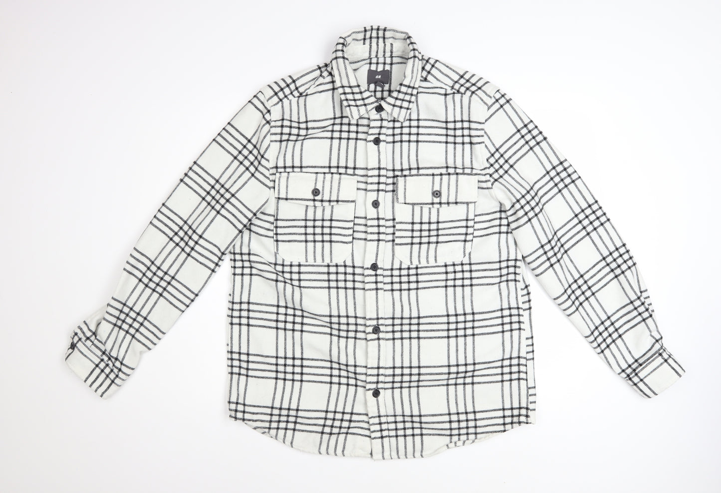 H&M Men's Black & White Checked Long Sleeve Button-Up Shirt Size M