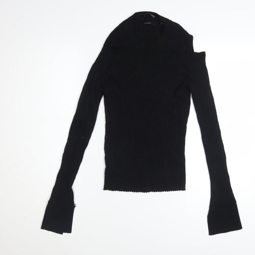 AllSaints Women’s Black High Neck Merino Wool Cold Shoulder Jumper Size L