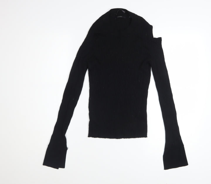 AllSaints Women’s Black High Neck Merino Wool Cold Shoulder Jumper Size L
