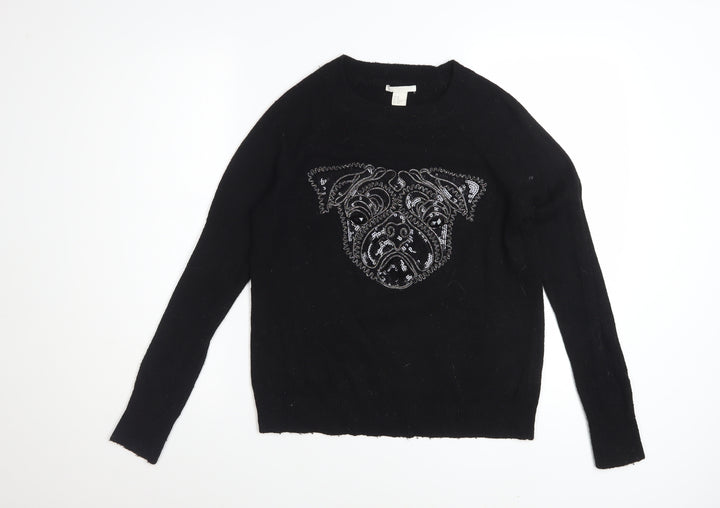 H&M Women's Black XS Sequin Dog Pullover Jumper