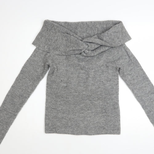 H&M Women’s Grey Off Shoulder Rib Knit Jumper Size 12