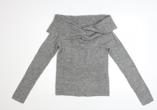 H&M Women’s Grey Off Shoulder Rib Knit Jumper Size 12