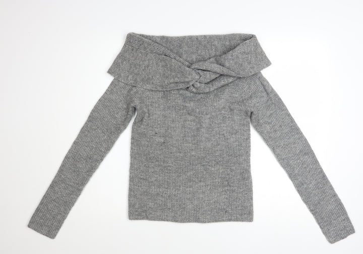 H&M Women’s Grey Off Shoulder Rib Knit Jumper Size 12