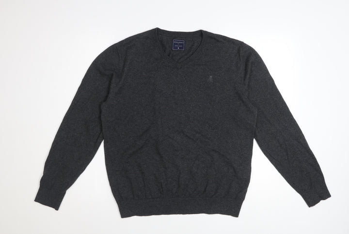 Scalpers Men's Grey V-Neck Cotton Cashmere Jumper Size M