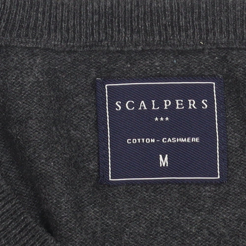Scalpers Men's Grey V-Neck Cotton Cashmere Jumper Size M