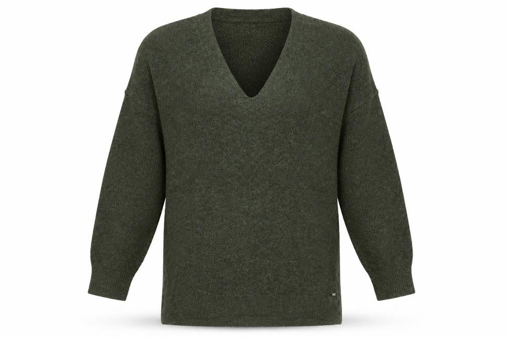 Front view of Superdry women’s green v-neck long sleeve acrylic blend jumper, size UK 10