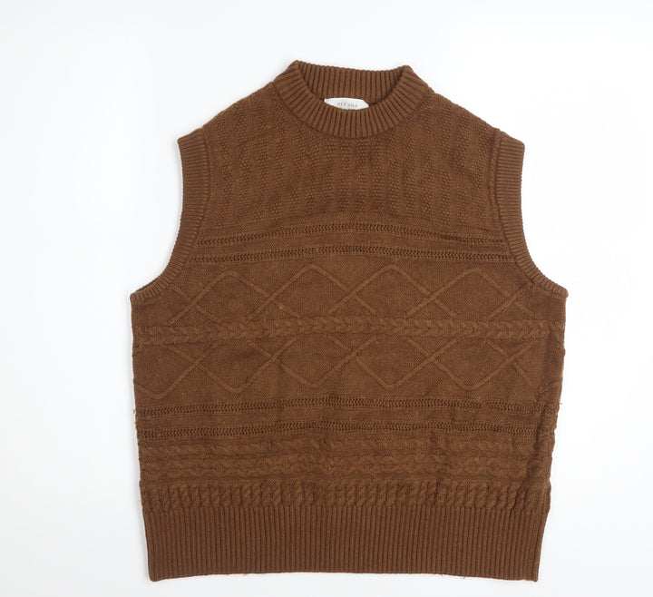 Marks and Spencer Women Brown Cable-Knit Wool Cotton Vest Jumper M