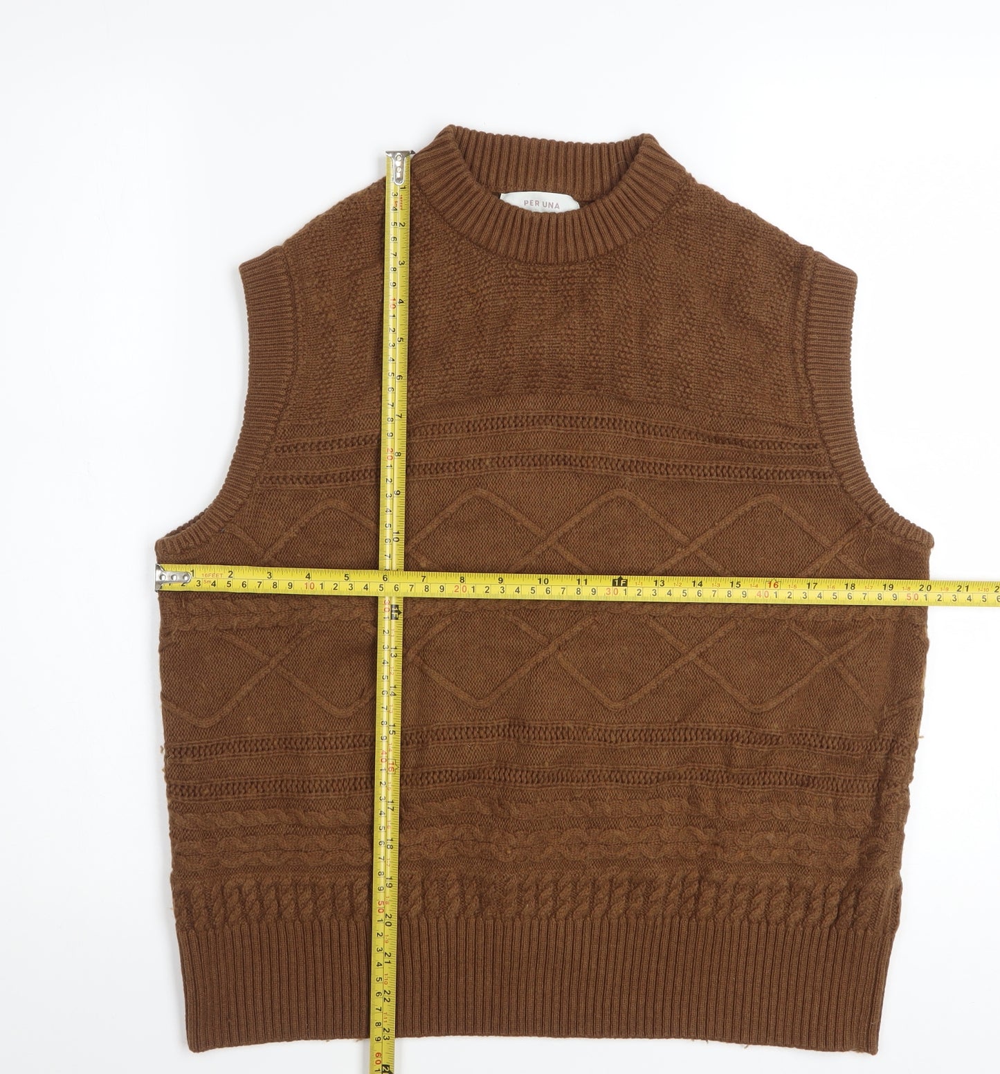 Marks and Spencer Women Brown Cable-Knit Wool Cotton Vest Jumper M