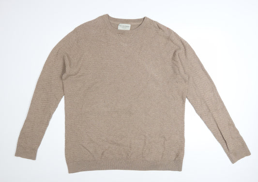 Racing Green Men's Beige Cotton Waffle Knit Jumper XL Crew Neck