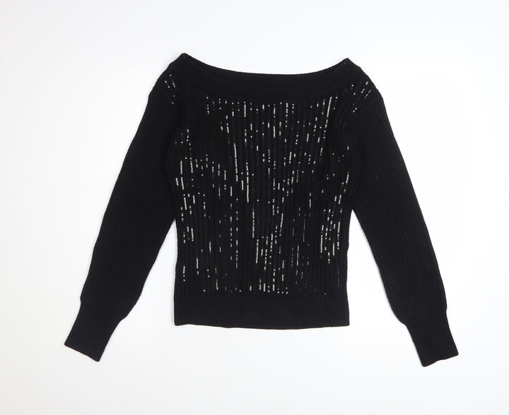 Next Women's Black Sequin Boat Neck Pullover Jumper XS
