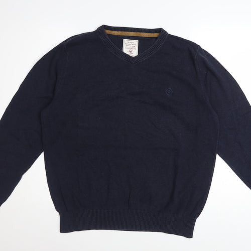 Fat Face Men Blue Cotton Cashmere V-Neck Jumper Size L Classic Fit
