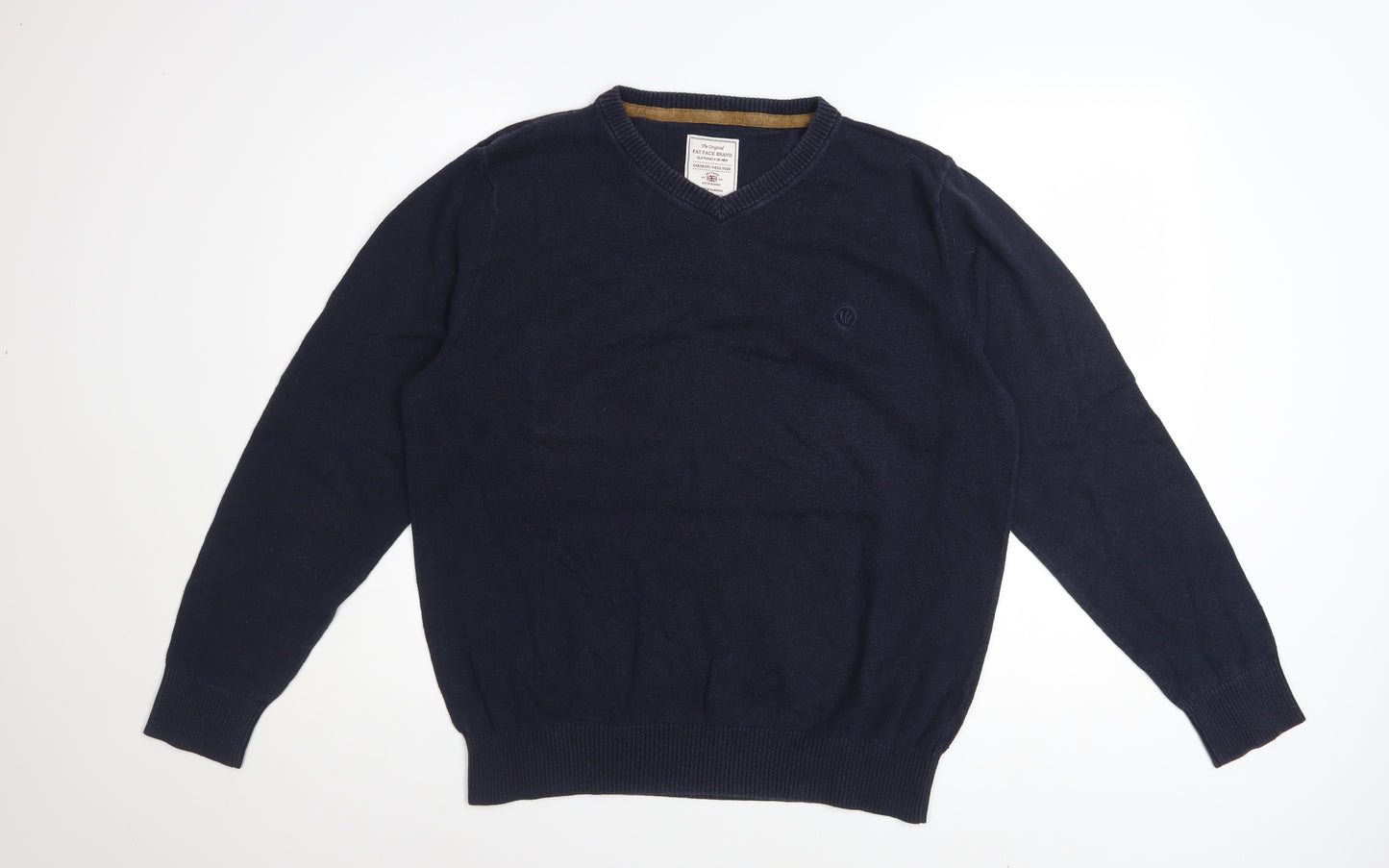 Fat Face Men Blue Cotton Cashmere V-Neck Jumper Size L Classic Fit