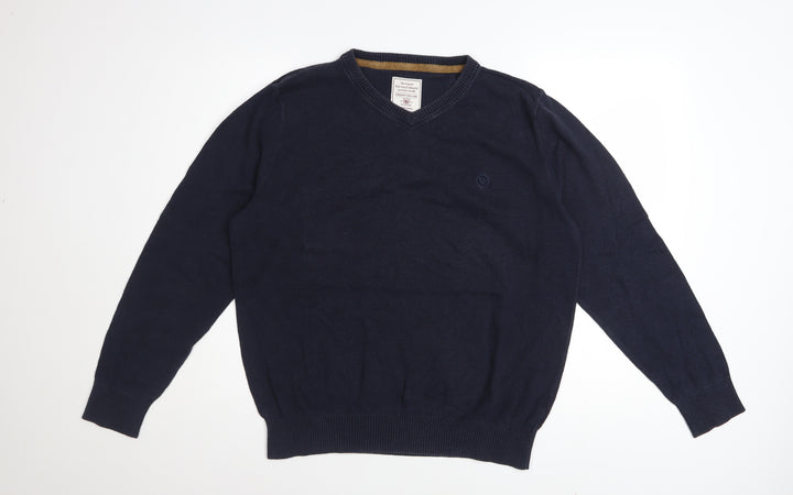 Fat Face Men Blue Cotton Cashmere V-Neck Jumper Size L Classic Fit
