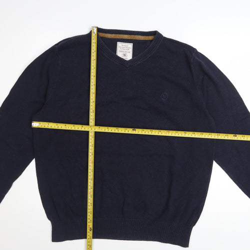 Fat Face Men Blue Cotton Cashmere V-Neck Jumper Size L Classic Fit