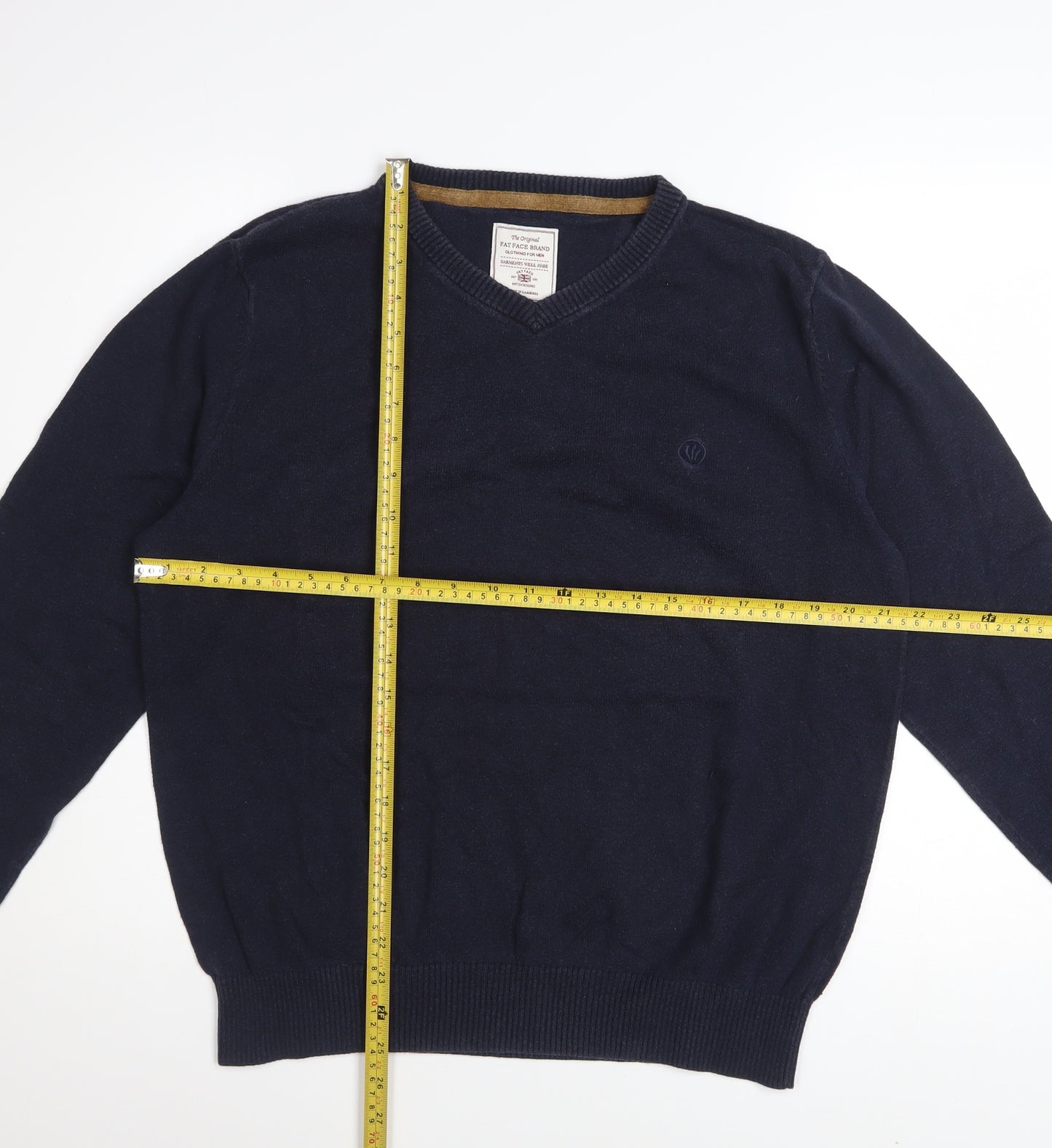 Fat Face Men Blue Cotton Cashmere V-Neck Jumper Size L Classic Fit