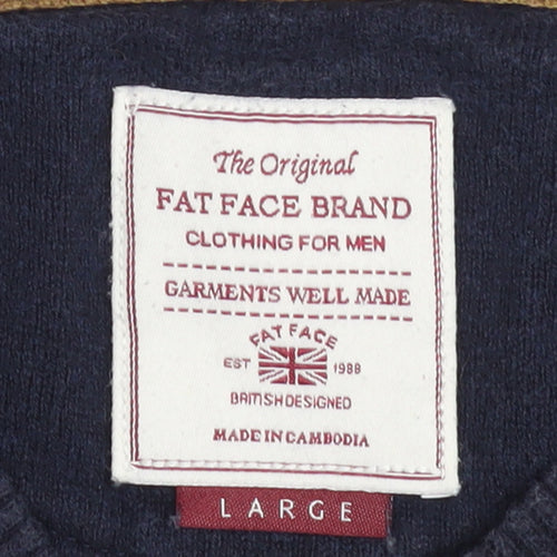 Fat Face Men Blue Cotton Cashmere V-Neck Jumper Size L Classic Fit