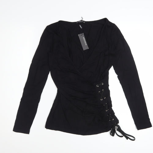 Anienaya Womens Black Wrap Long Sleeve Slim Fit Blouse XS